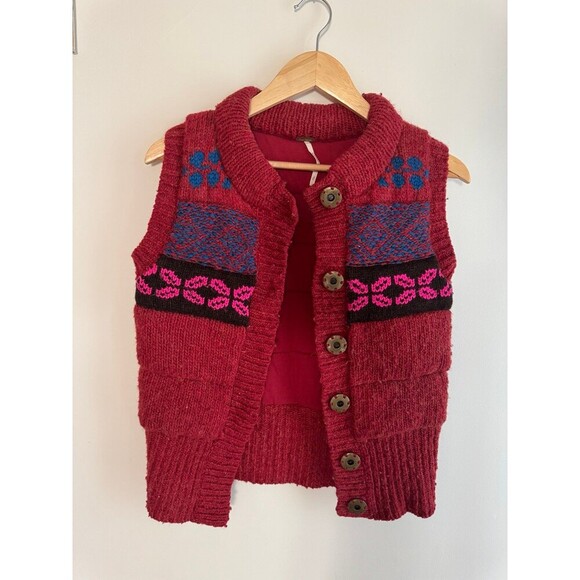 Free People Chunky Knit Sweater Vest Red Pink Blue Fair Isle Boho Small - Picture 4 of 9